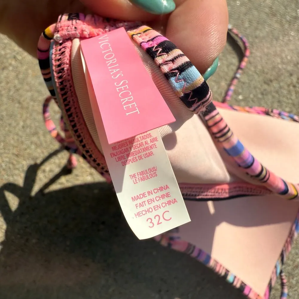 Victoria’s Secret 32C The Fabulous pink striped bikini top halter tie back tie - Image 4