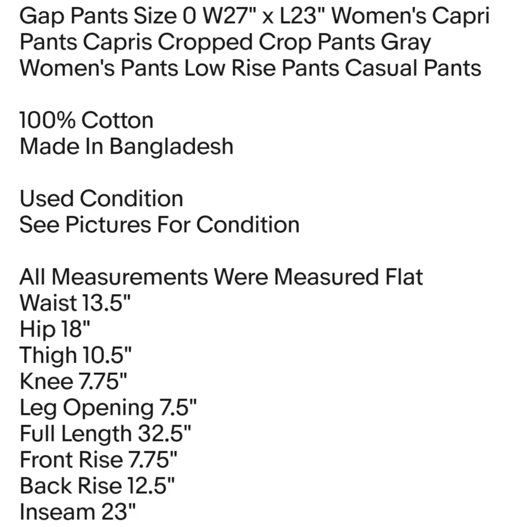 Gap Pants Size 0 W27" x L23" Women's Capri Pants Capris Cropped Crop Pants Gray - Image 2