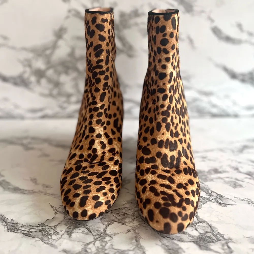 J. Crew Maya Booties Leopard Animal Print Calfhair Fur 7.5 Block Heel Almond Toe - Image 4