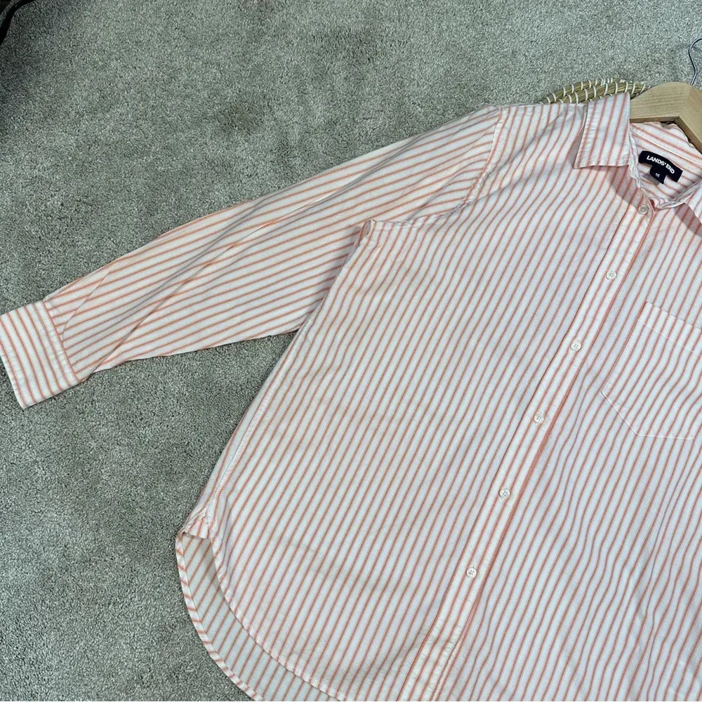 Lands’End Women’s Butto Down Shirt Top Stripes Classic Longsleeve White Orange M - Image 5