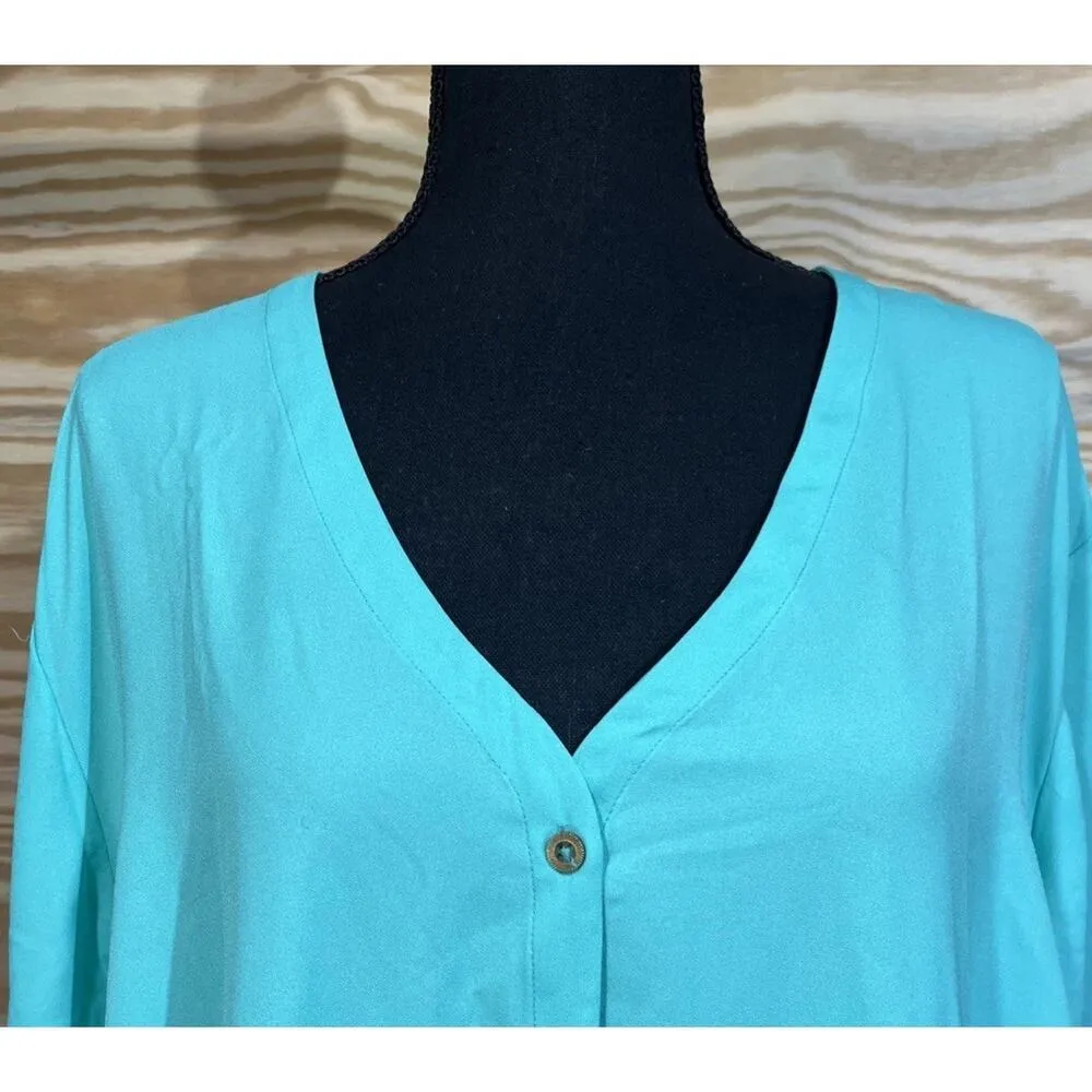 Catherines Button Up Tunic Top Women Size 3X Green SharkBite Hem Flowy - Image 3