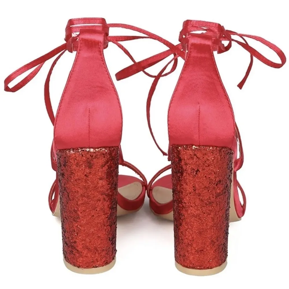 Red satin & glitter strappy lace up high heel shoes prom special occasion size 9 - Image 2