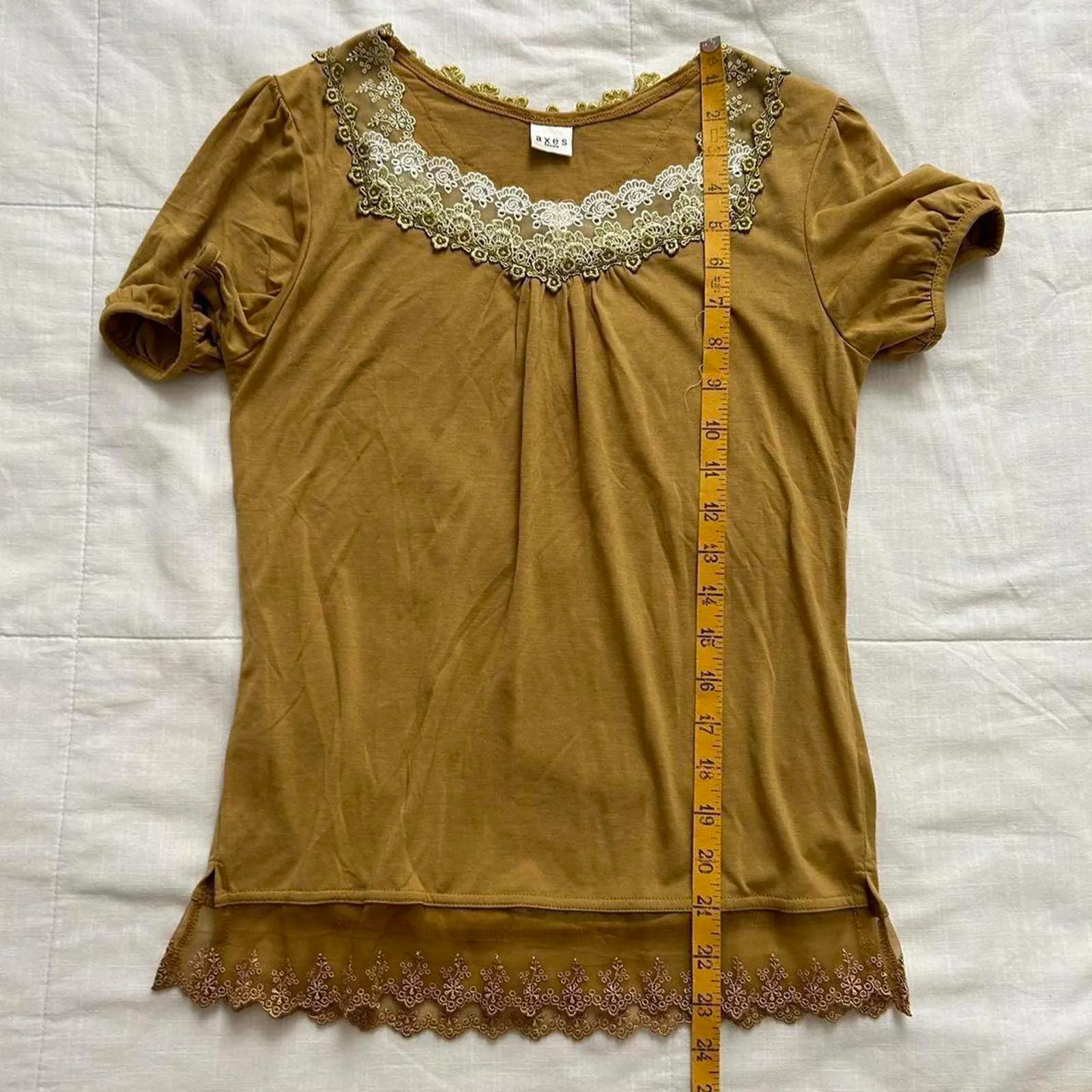 Axes Femme mustard yellow short sleeve tee with lace bib detailing Size medium - Image 6