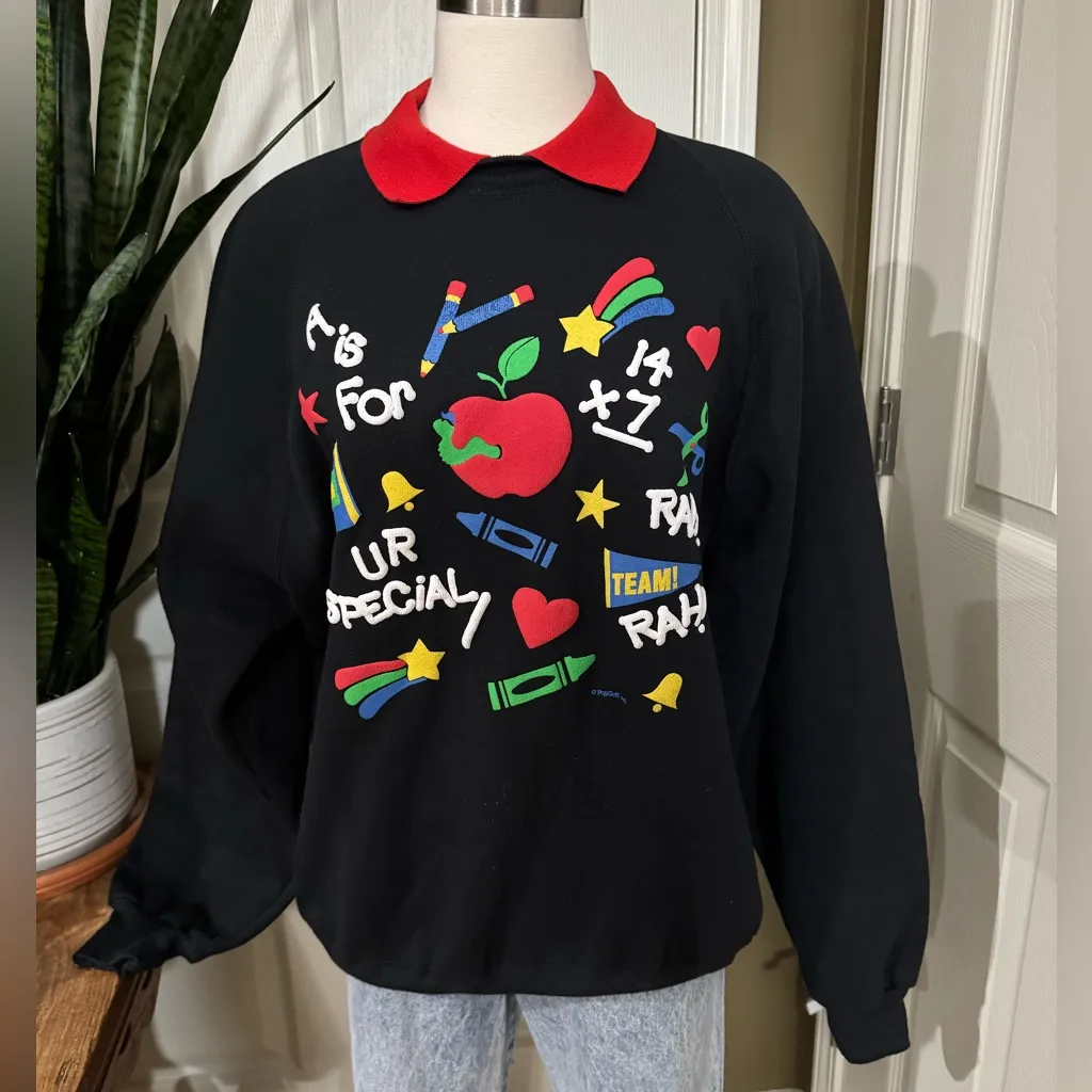 Vintage 1992 Teacher Graphic Sweatshirt XXL Cozy Kitsch 90s Black - Image 10