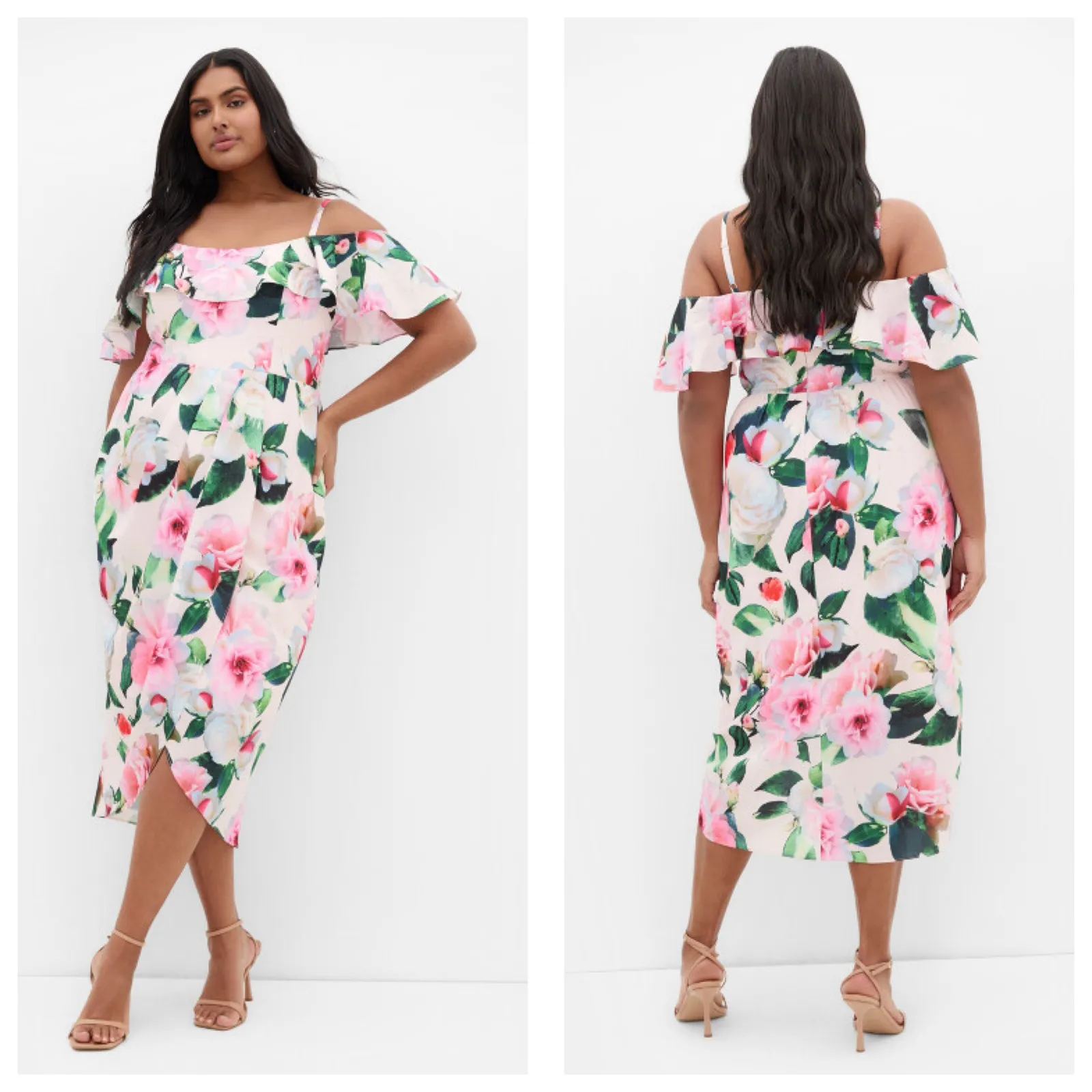City Chic Love Me Do Midi Dress Plus Size 16 Pink Floral Cold Shoulder Wedding - Image 2