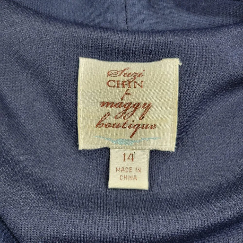 Suzi Chin For Maggy Boutique Faux Wrap Dress 14 Blue V-neck Ruched Slim Fit - Image 2