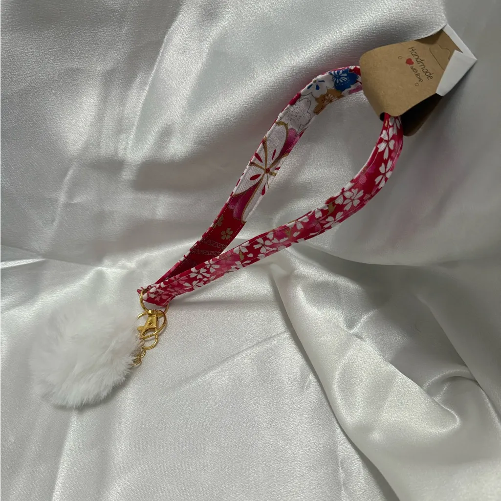Handmade Red and White Cherry Blossom Floral Wristlet Keychain with White Pompom - Image 2