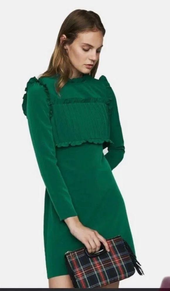 Maje Green Jacqueline Long Sleeve Ruffle Mock Neck Pleated A Line Mini Dress 2 - Image 3
