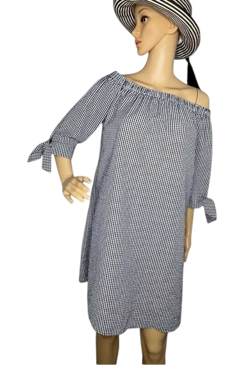 Gingham Off Shoulder Dress Black White 3/4 Sleeve Size Medium - Image 1