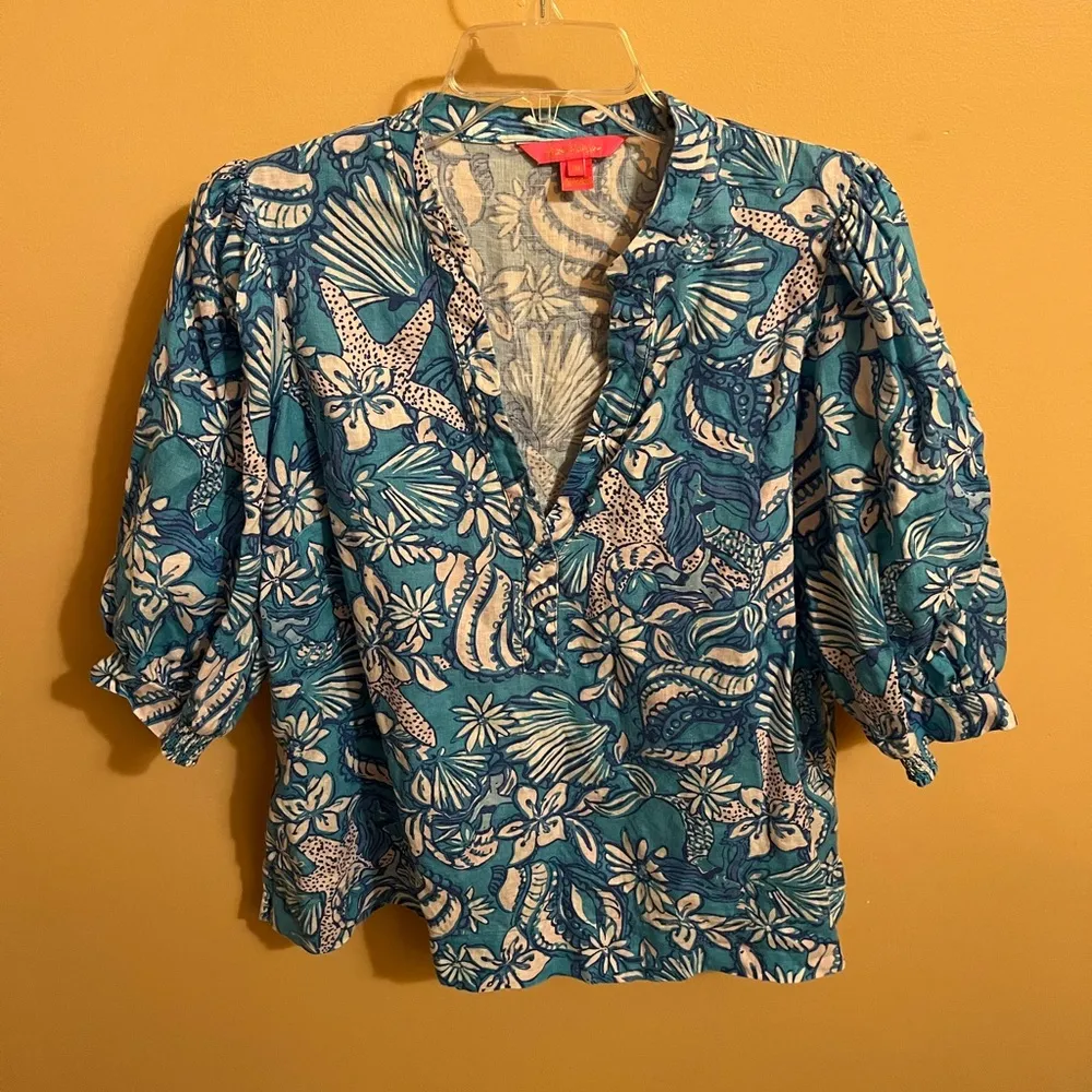 Marleigh Linen Blouse in Amalfi Blue Sound the Sirens - Image 3