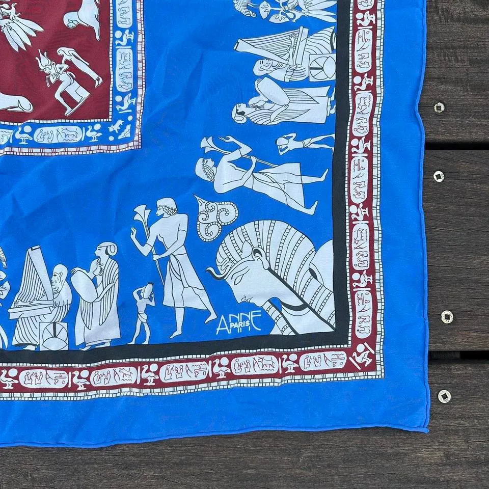 Vintage Blue/Red Anne Paris 100% Silk Egyptian Print Made in France Silk Scarf Blue - Image 2