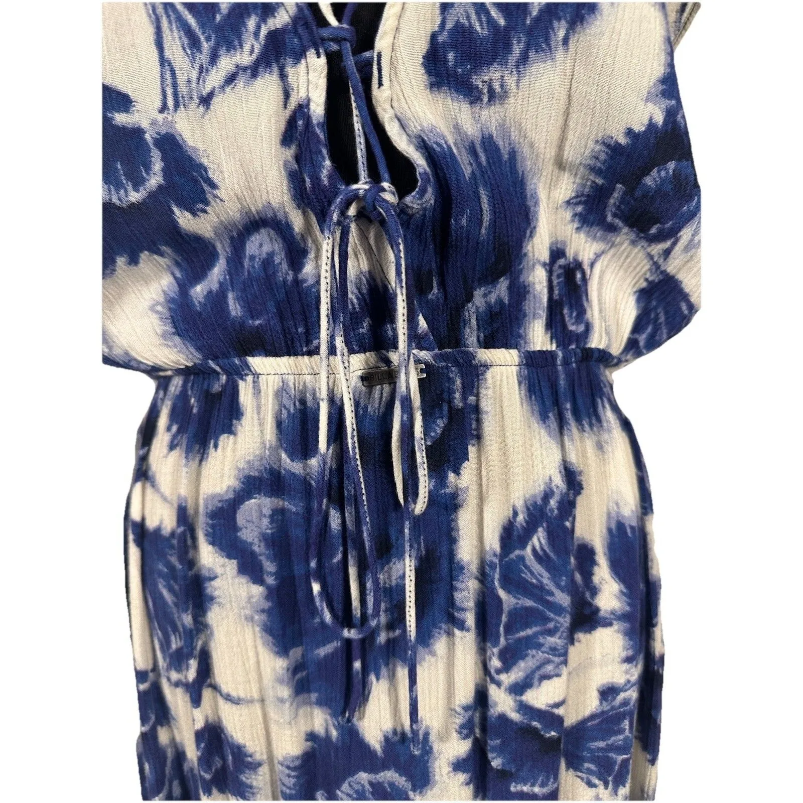 Billabong Don’t Mess Dress Beach Boho Dress Sz L Blue Floral Low Front Lace Back - Image 6