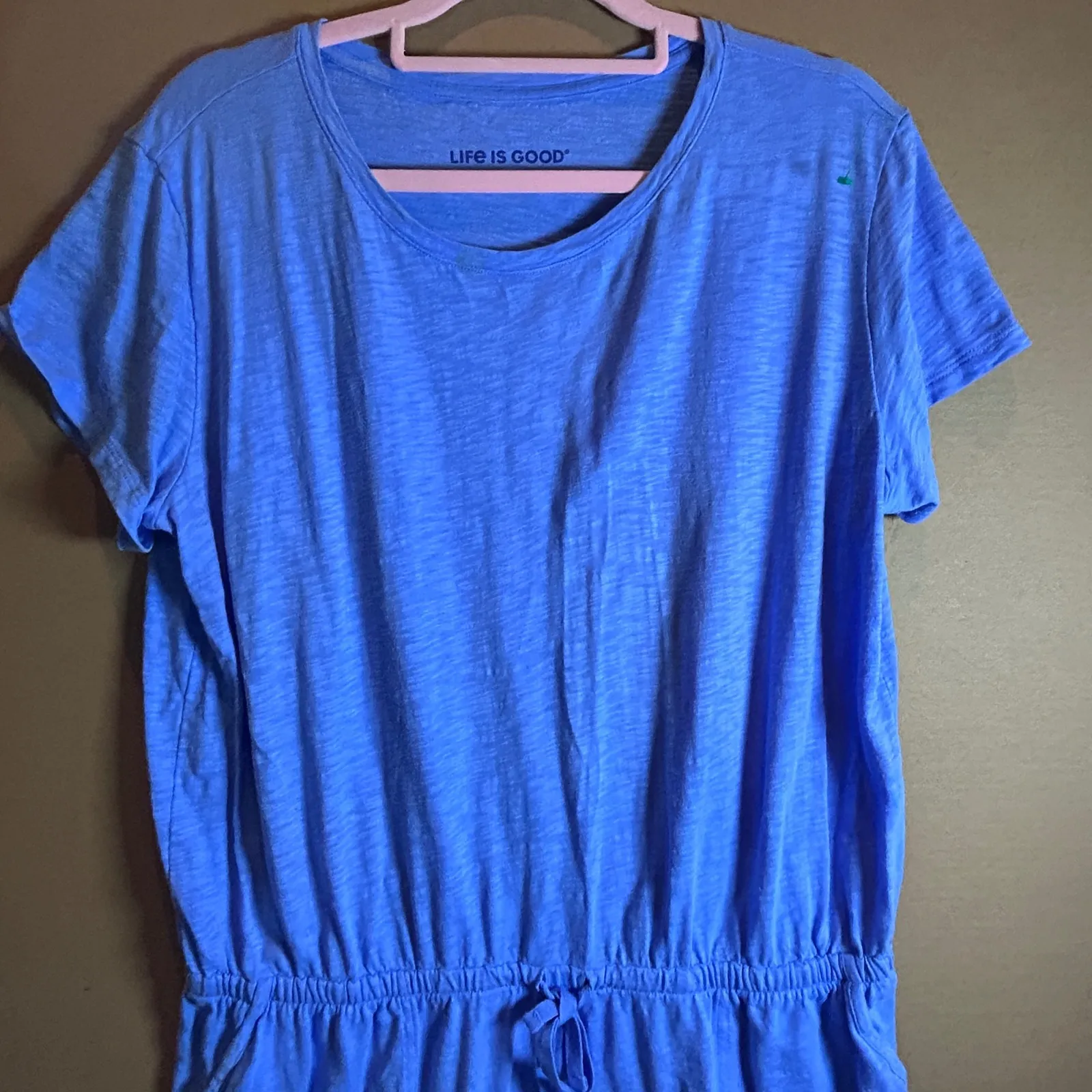 Life is Good Blue Drawstring Waist T Shirt Dress Pockets Casual Comfort Size L - Image 3