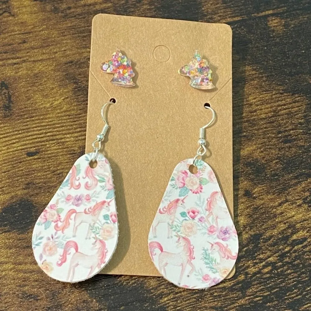 Floral Unicorn Statements Earrings Pair Set‎ Studs And Dangles Vegan Leather - Image 7