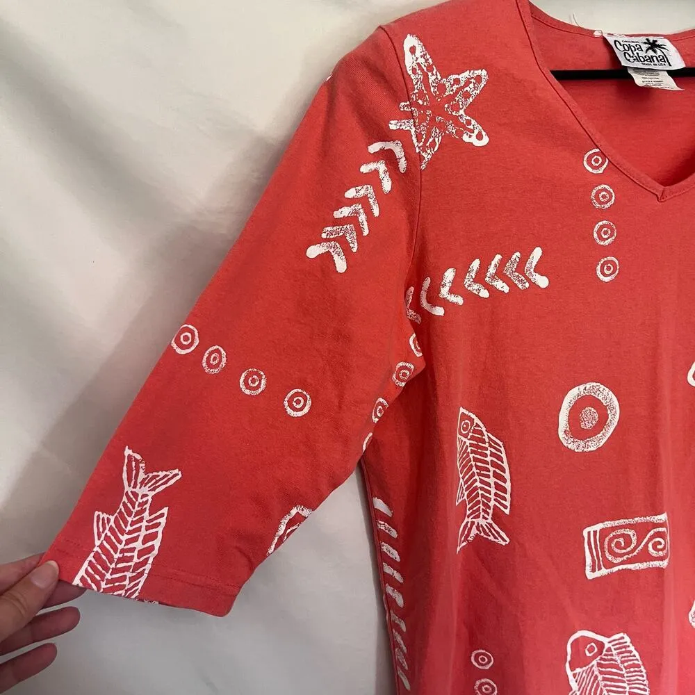 COPA CABANA 3/4 Sleeve Fish Print Womens Top Size Large Coral Orange Beachy USA - Image 3