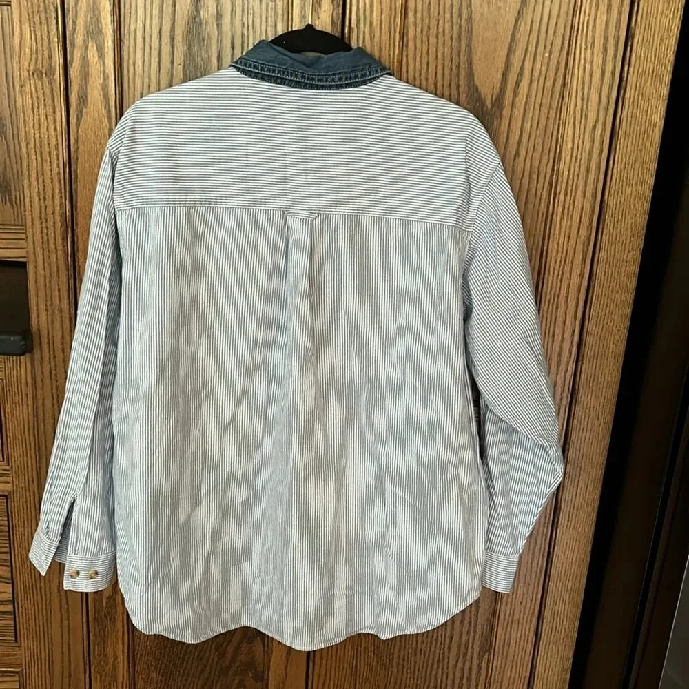 Vintage Fall Farm Embroidered Button Down Shirt Pinstripe Denim Cow Pumpkin Barn - Image 7
