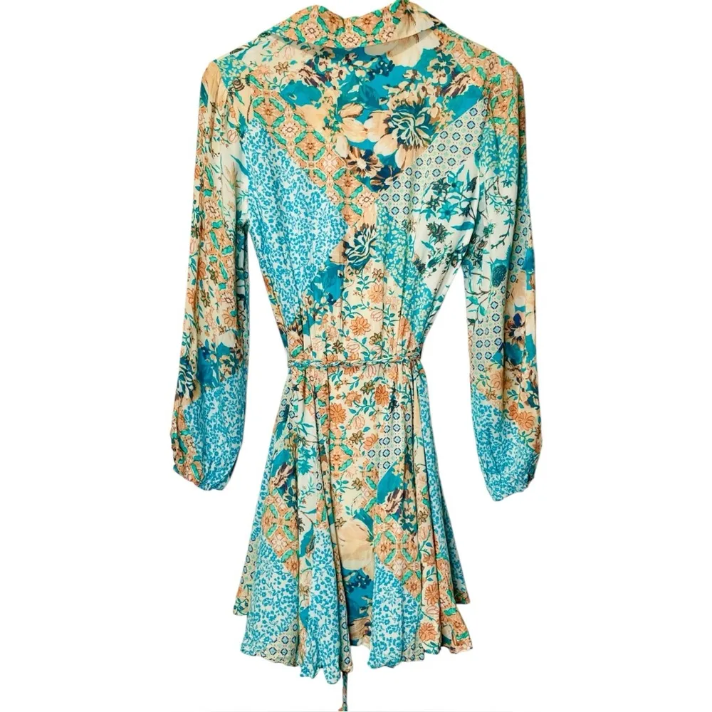 The Dress Forum LA Jade Belt Floral Mini Shirt Dress Bubble Sleeve Pockets Small Blue - Image 5