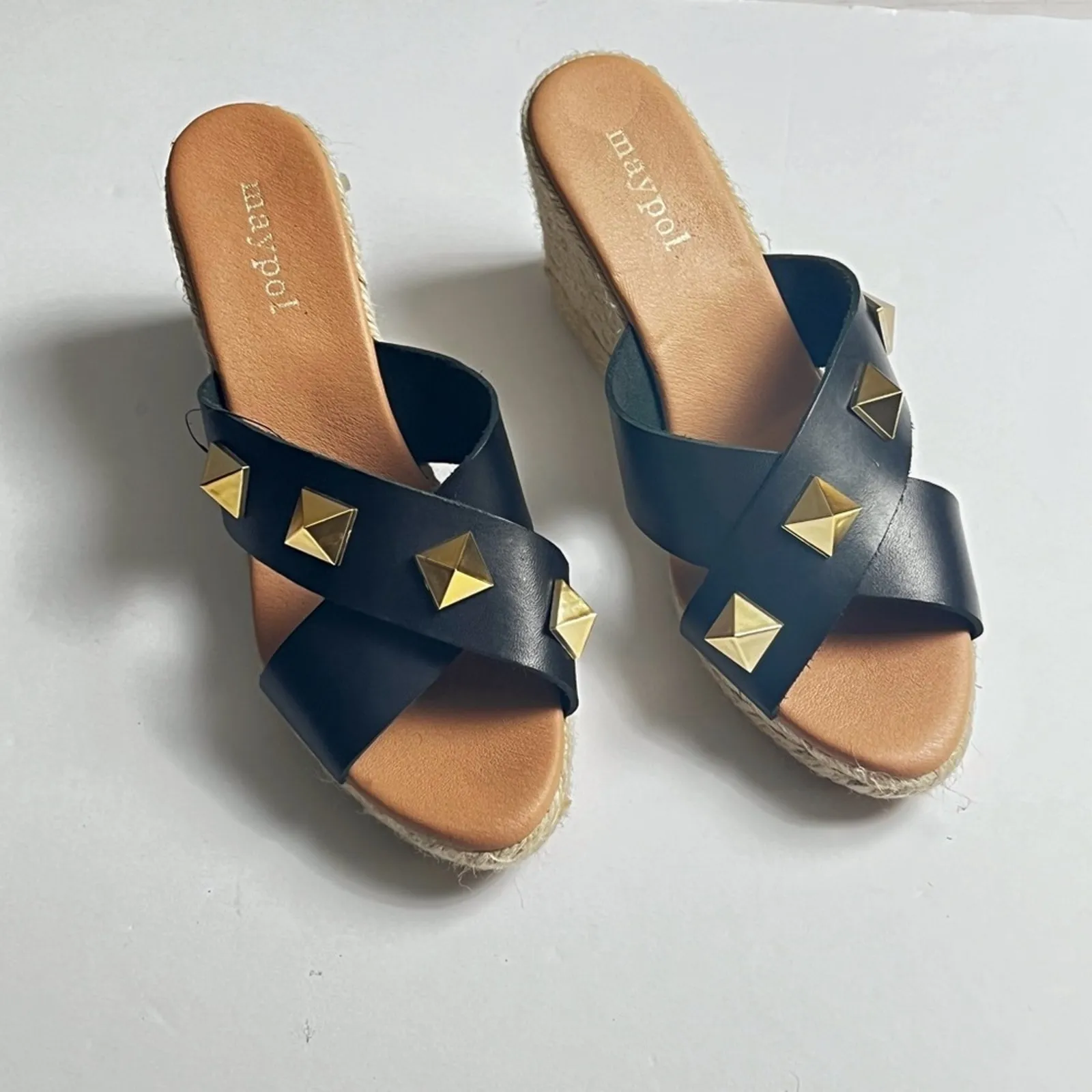 Maypol Women's Genuine Leather Upper Black Gold Studded Heeled Wedge Sz 39 - Image 16