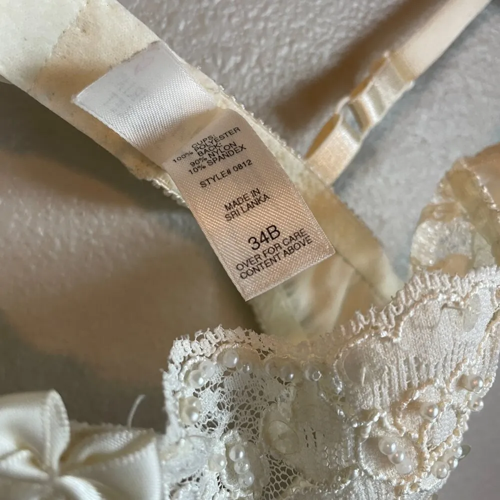 Vintage Victoria's Secret Bra 34B Ivory Lace Pearls Sequins Dainty Sexy - Image 4