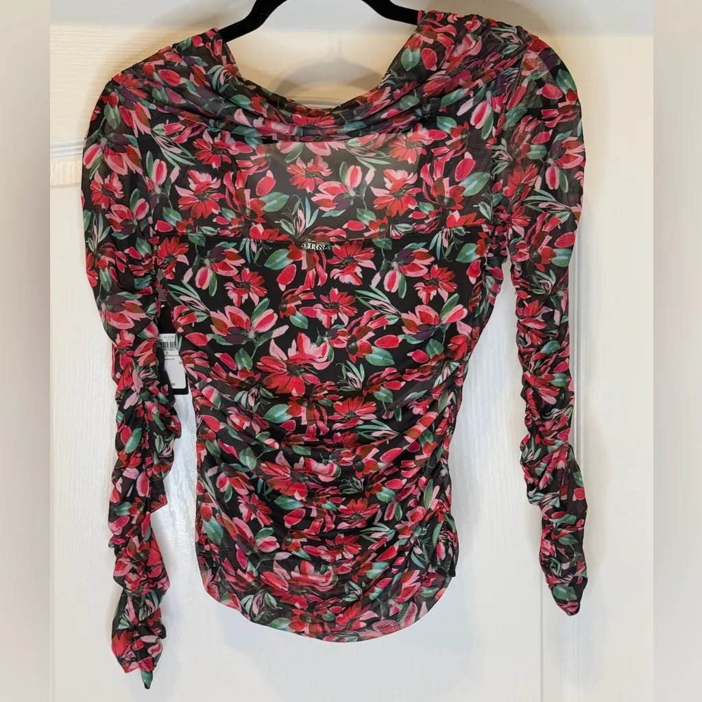 Guess Floral Long Sleeve Ruched Cowl Neck Top Small Black Red Green Stretchy NWT - Image 2