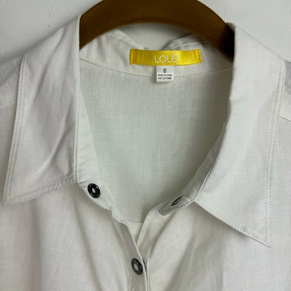 Lole Linen Cotton Blend Shirt Dress Sz 8 White Button Snap Boho Lagenlook - Image 4