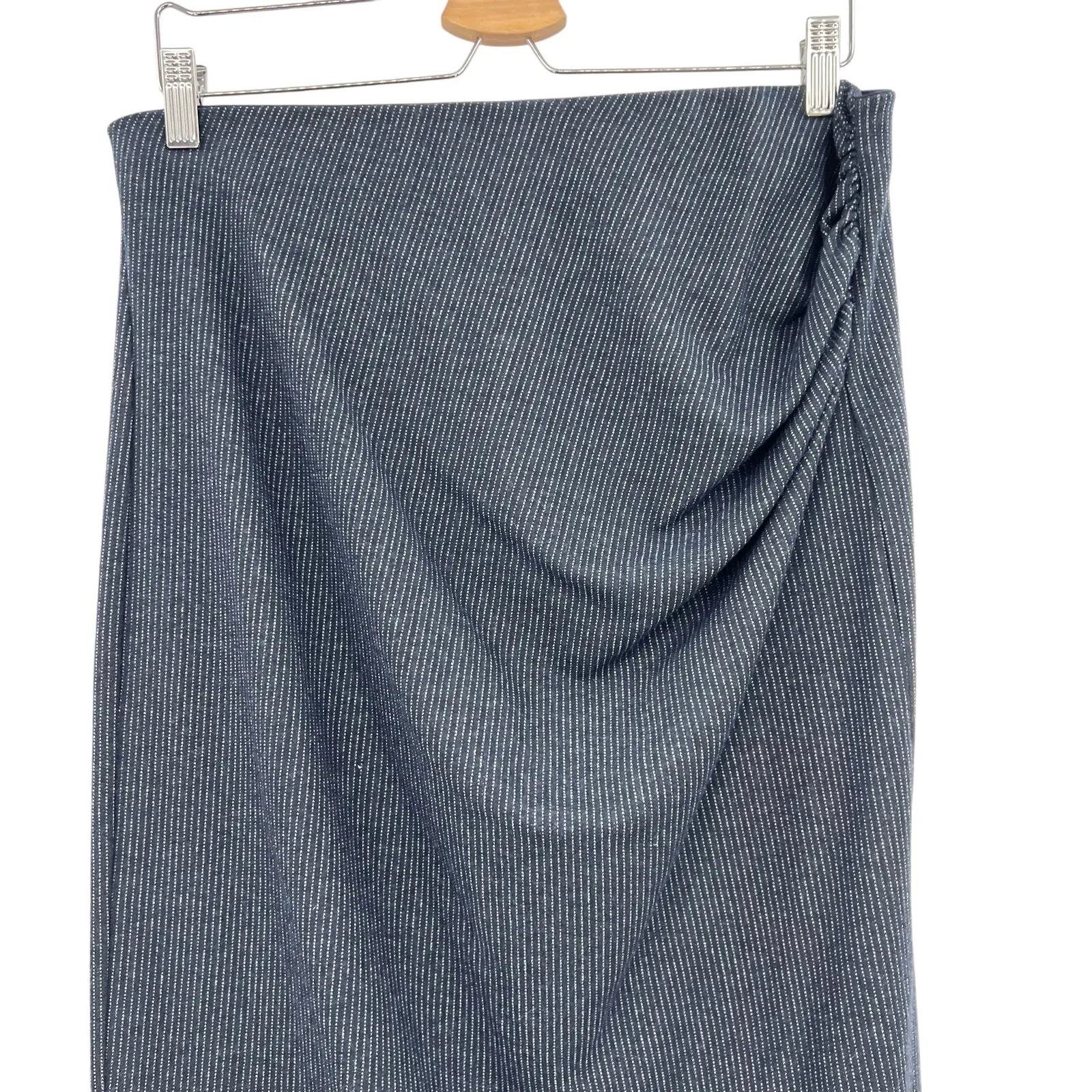 Weekend Max Mara Skirt Midi Pencil Ruched Draped Pinstripe Navy Blue Size‎ XL - Image 3