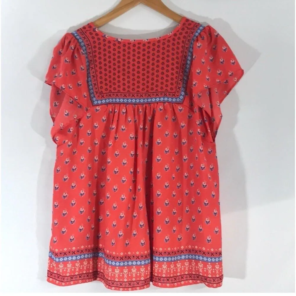 GAP Peasant Top MEDIUM Red Cap Sleeved Flower Print Tie Neck Womens NWOT - Image 5