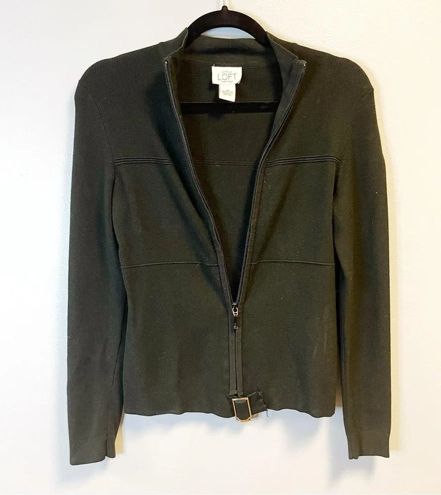 LOFT Jacket Black Knit Full Zip Moto Style Sweater Cardi Sz SP GUC Buckle at Hem - Image 2