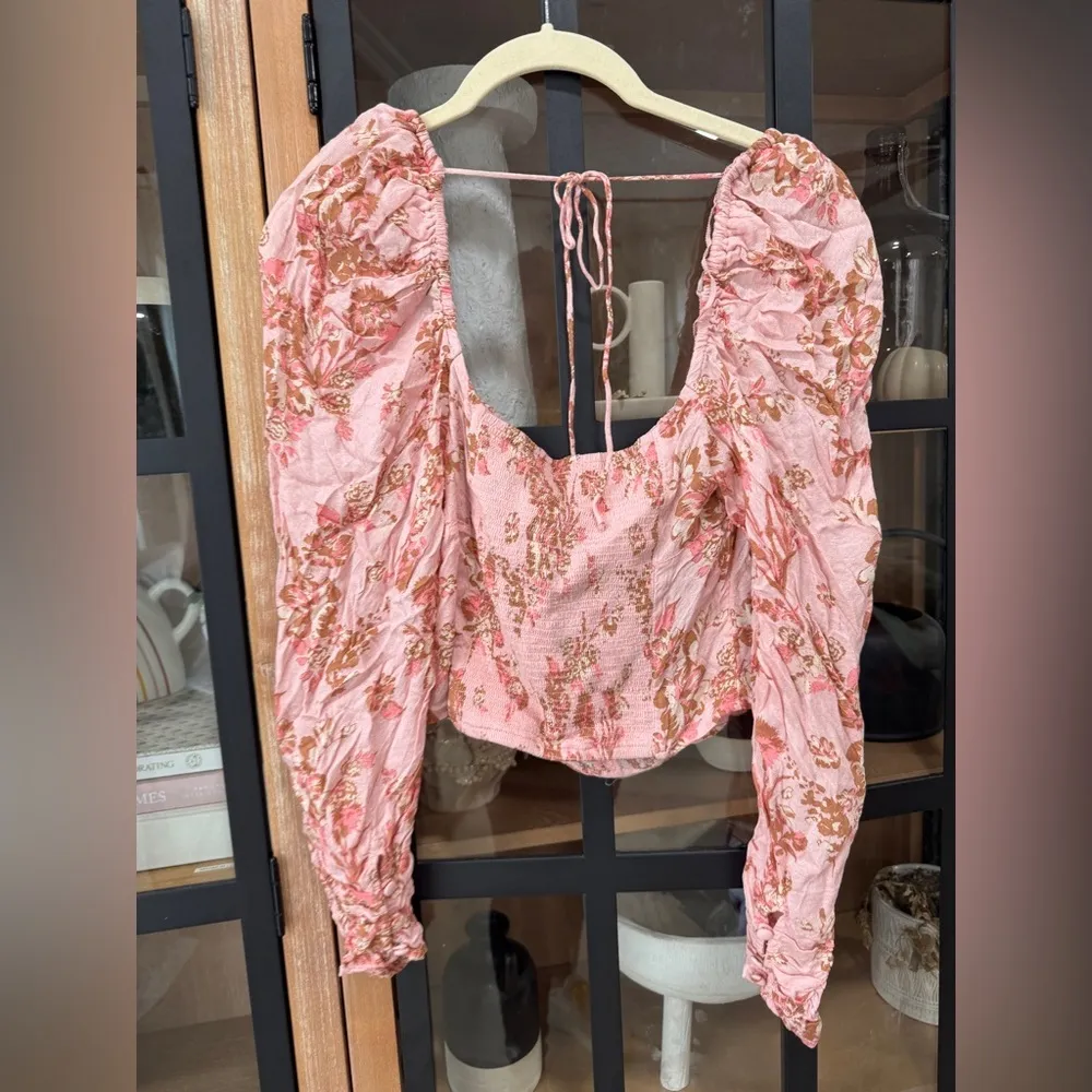 Free People floral top hillary square neck tie front long sleeve bow boho blush - Image 9