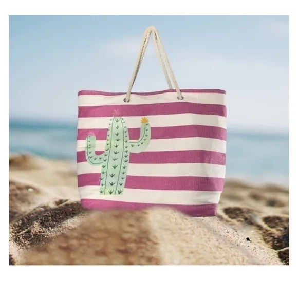 Pink & White Striped Green Cactus Rope Handles Canvas Lined Beach Bag 21X15X6 - Image 2