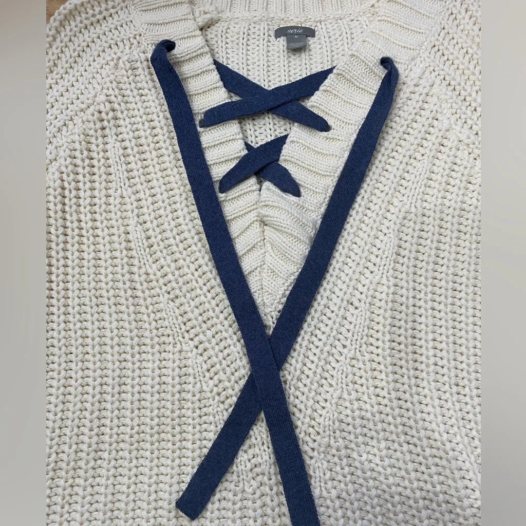 Aerie Women’s Size Medium‎ Cream Chunky Knit Lace Up Sweater - Image 5