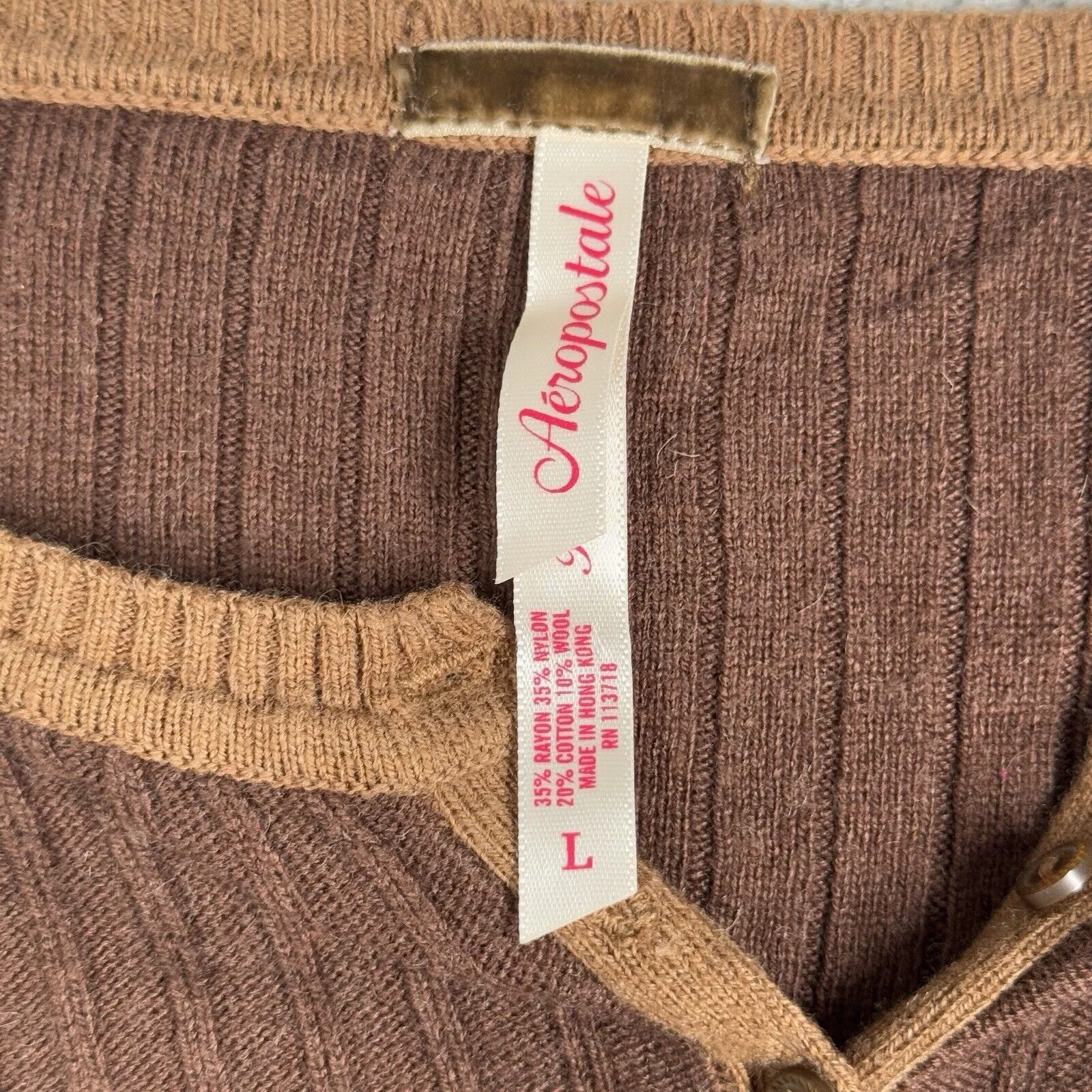 Aeropostale Sweater Juniors Large Brown Ribbed Henley AERO‎ 80s 90s Y2K Vintage - Image 5