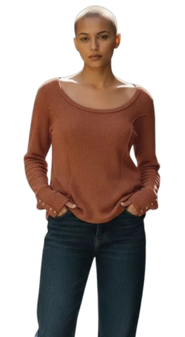 White Crow Boho Waffle Knit Thermal Top Women's Medium Rust Long Sleeve Henley - Image 1