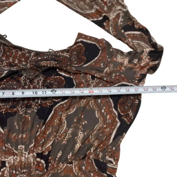 Free People Paisley Brown Fiona Sleeve Plunge Neck Blouse Size Medium Boho Chic‎ - Image 7