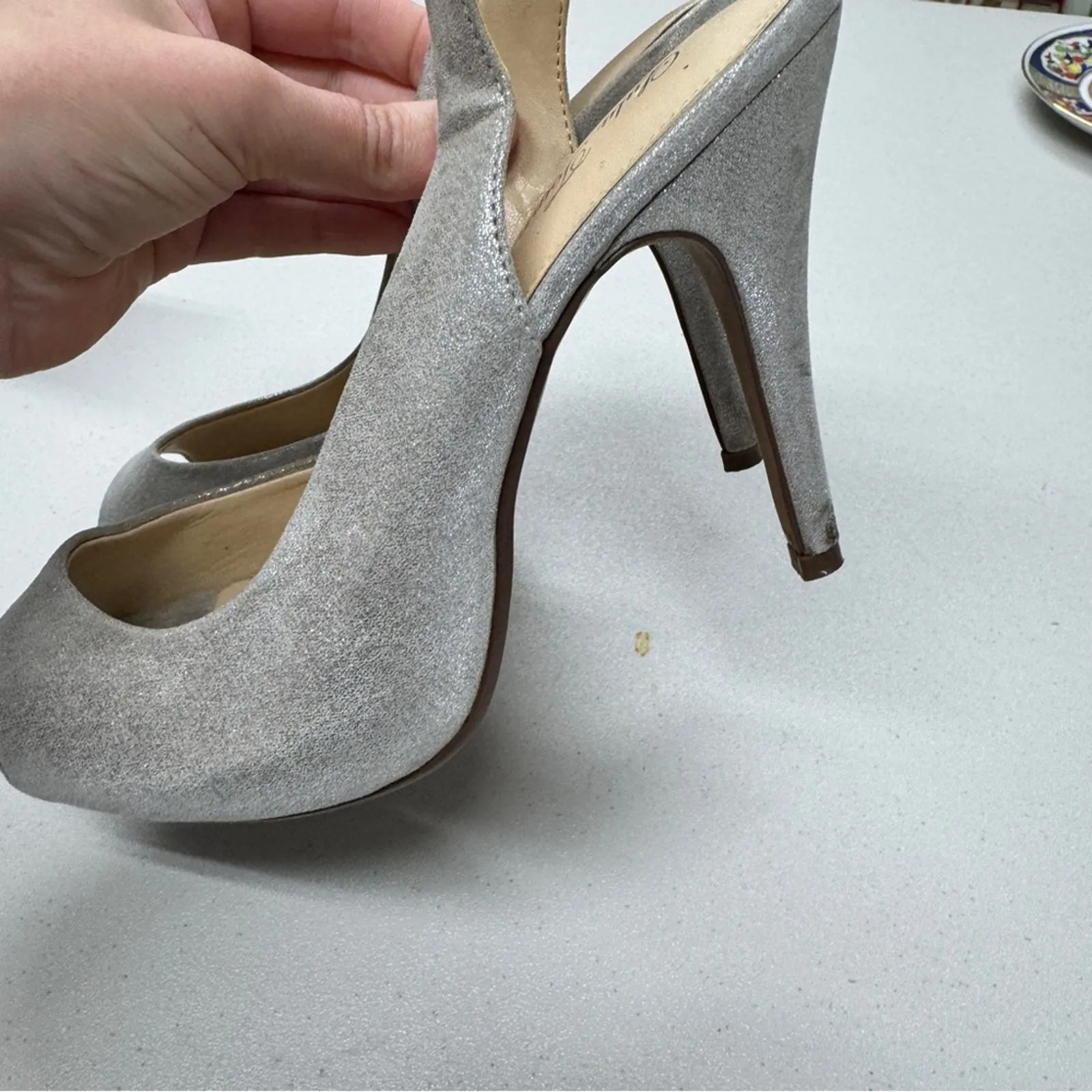 Lulu Townsend Silver Sparkle Sling Back Heels Womens 8 Peep Toe Wedding Shoes - Image 8