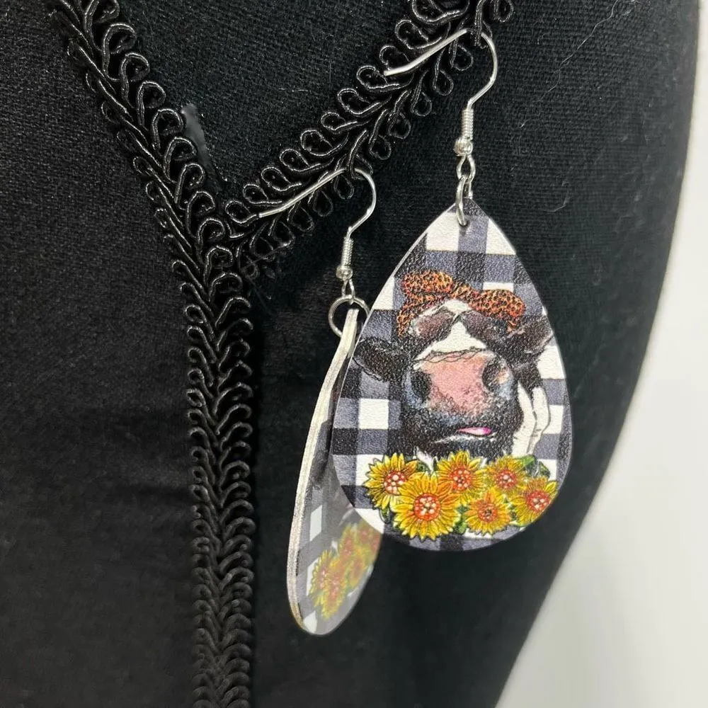 Faux Leather Cow Teardrop Earrings Black - Image 5