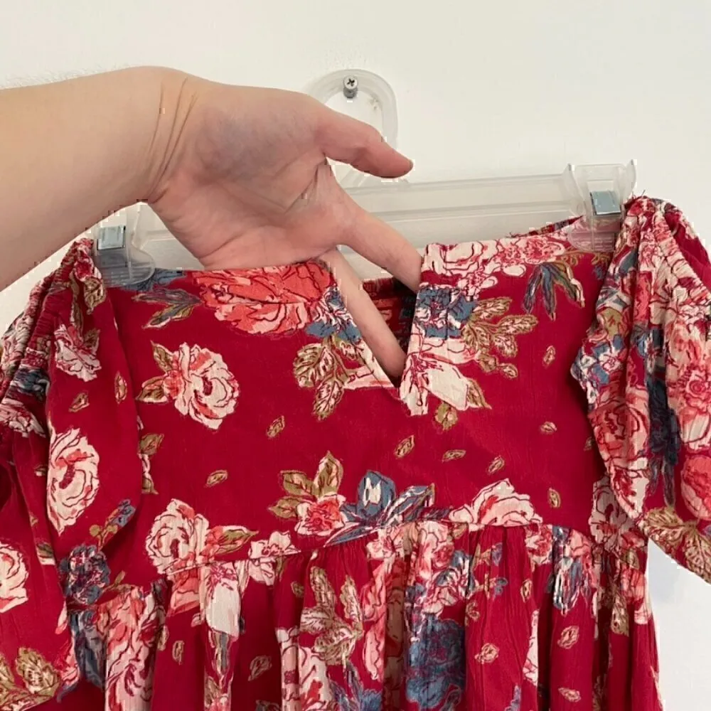 ANGIE Split Neck Top Red Pink Floral Off the Shoulder Short Sleeve Boho Crop Top - Image 4