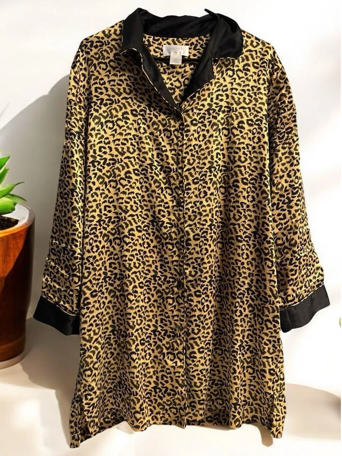 CABERNET Leopard Animal Print Silky Button Down Nightgown Size M Nightshirt Size M - Image 1