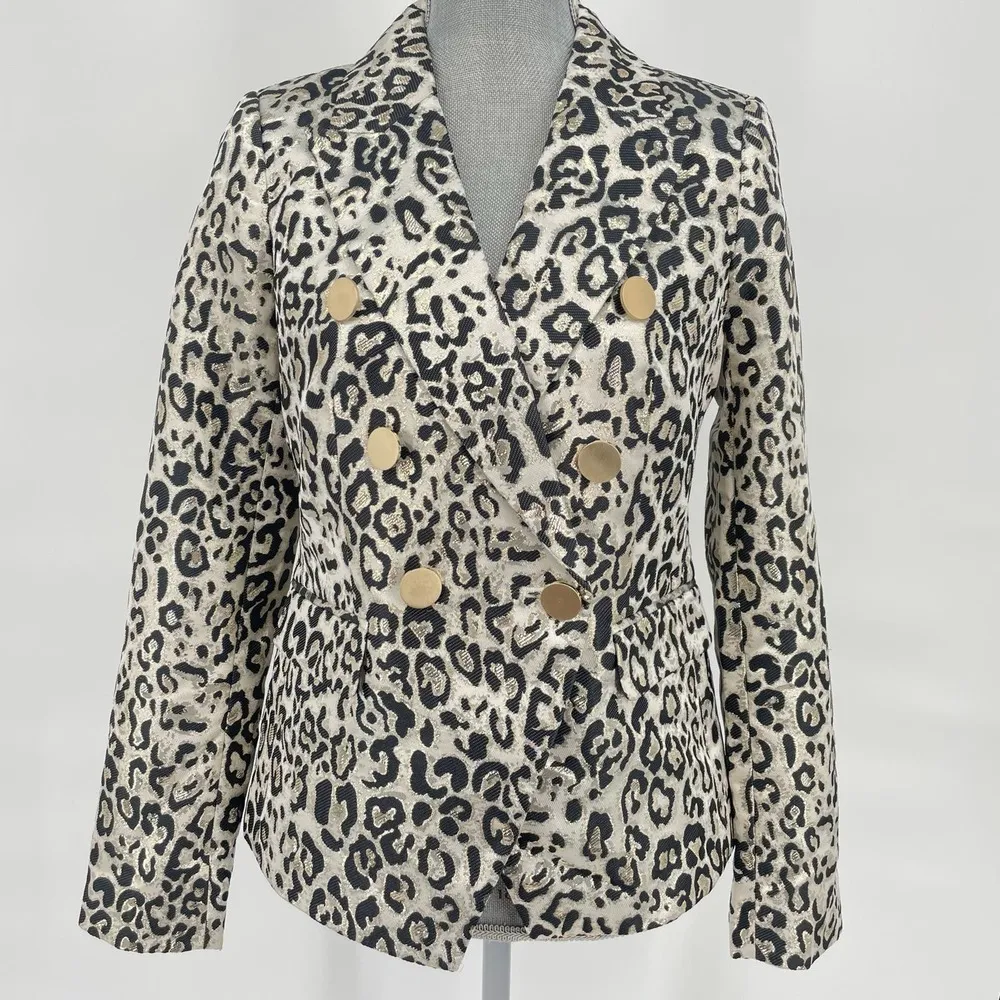 NWT RACHEL PARCELL Leopard Metallic Jacquard Double Breasted Blazer Jacket Small - Image 3