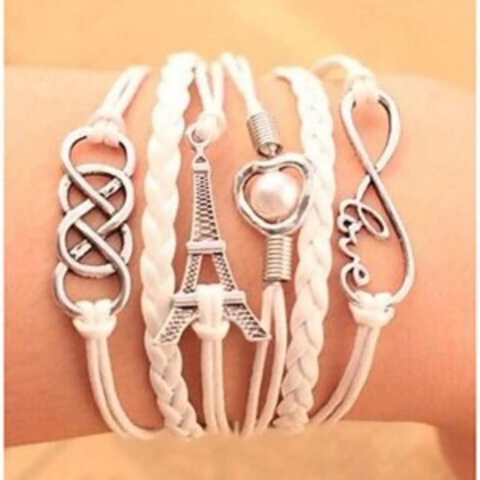 Pink Vegan Leather Multiple Layer Love Eiffel Tower Infinity Bracelet Women - Image 2