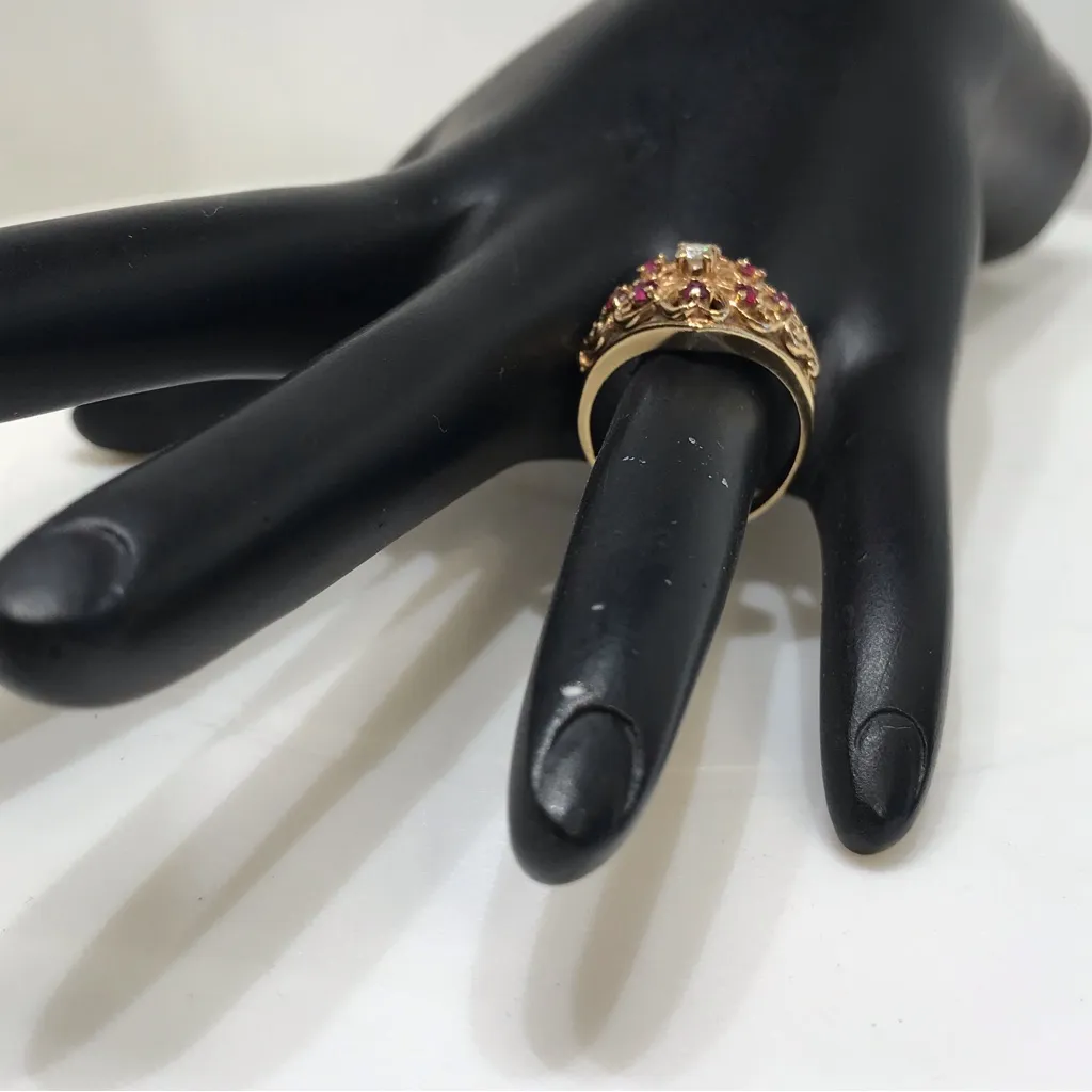 10K SOLID YELLOW GOLD GENUINE DIAMOND AND RUBY FILAGREE RING (6.75) Red - Image 11