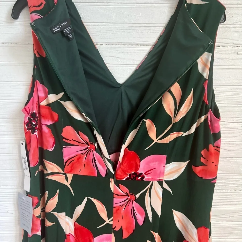 Maggy London Woman Green and Pink Floral Print Sleeveless Maxi Dress NEW Sz 14W - Image 11