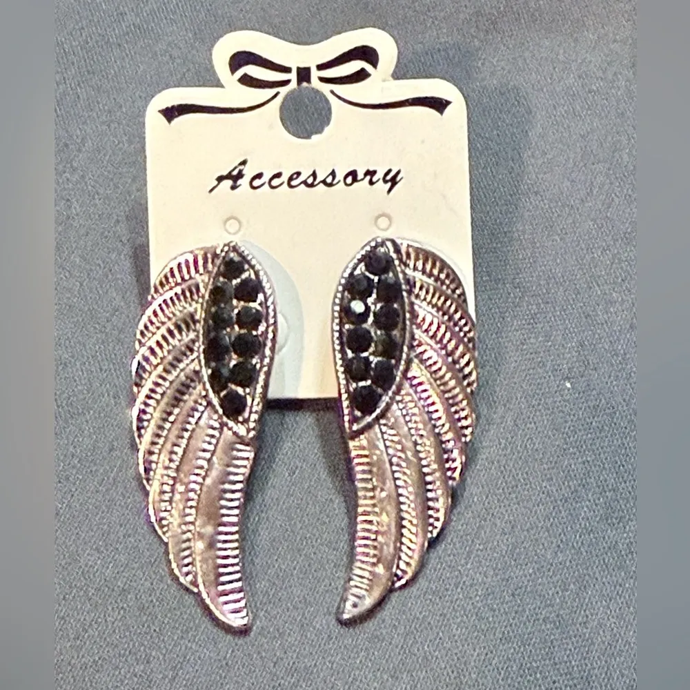 Silver Angel Wing Earrings with Black Rhinestone Accents - Image 4