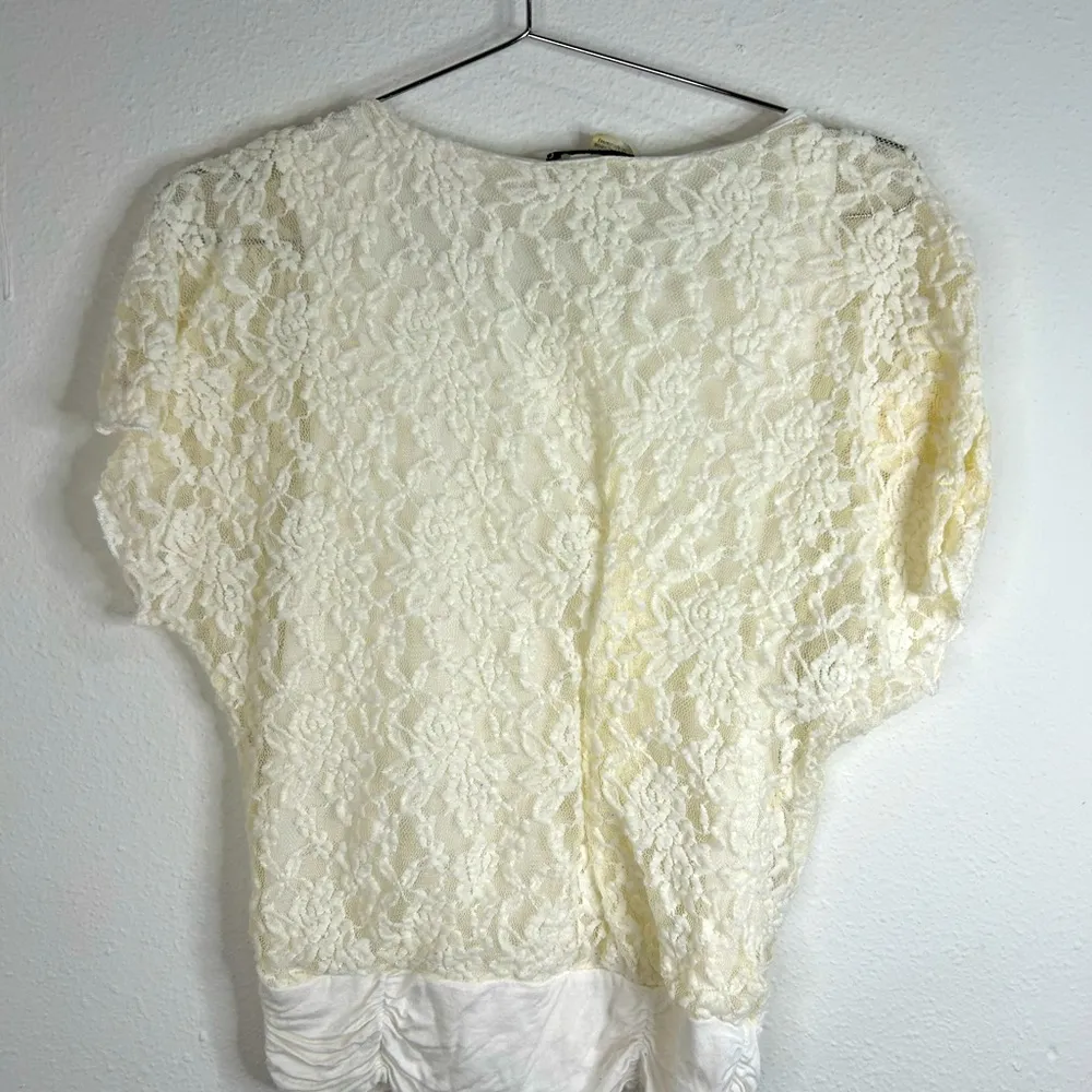Romantic White Lace Overlay Blouse Satin Ruched Hem Love J Size Med Dressy - Image 12