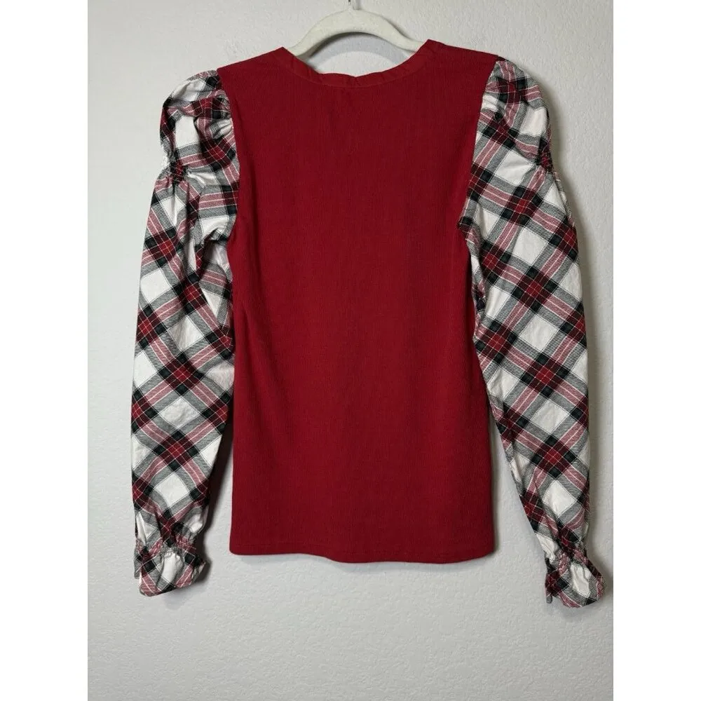LOFT Women’s Ribbed Henley Red Plaid Mixed Media Puff‎ Shirred Ruffle Sleeves S - Image 6