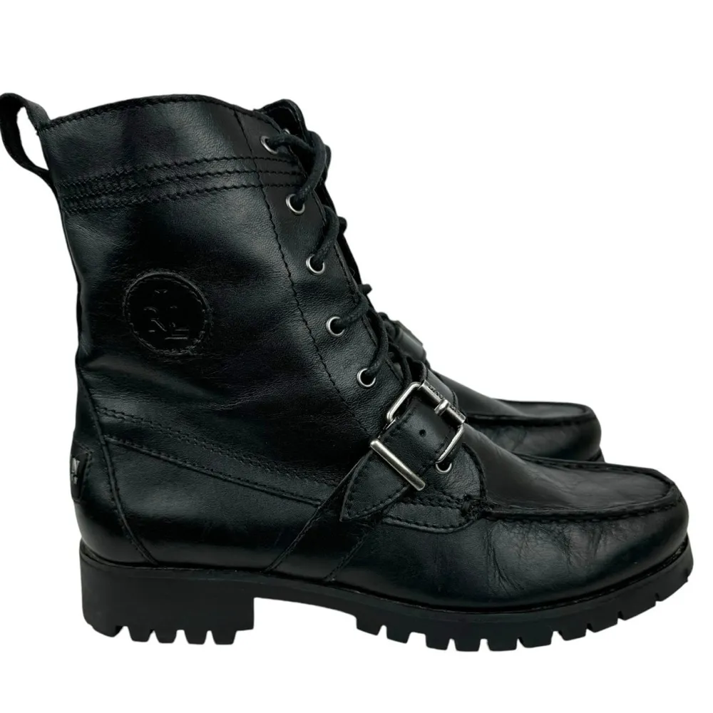 Lauren Ralph Lauren Zera Leather Lace Up Ankle Boots Black Buckle Womens Size 7B - Image 3