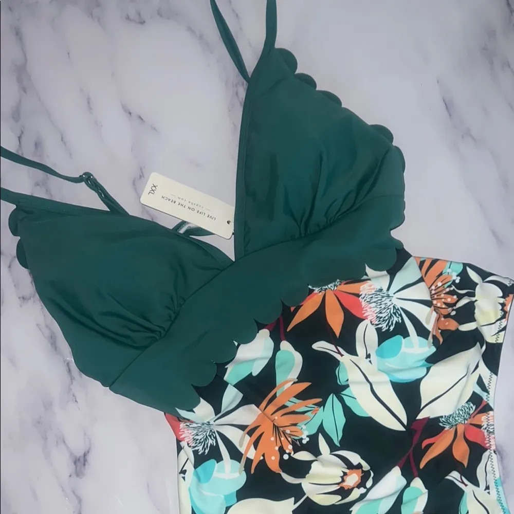 Women's Deep V One Piece Swimsuit Sexy Ruffle Swimsuit Floral Bikini Bottom XL - Image 2