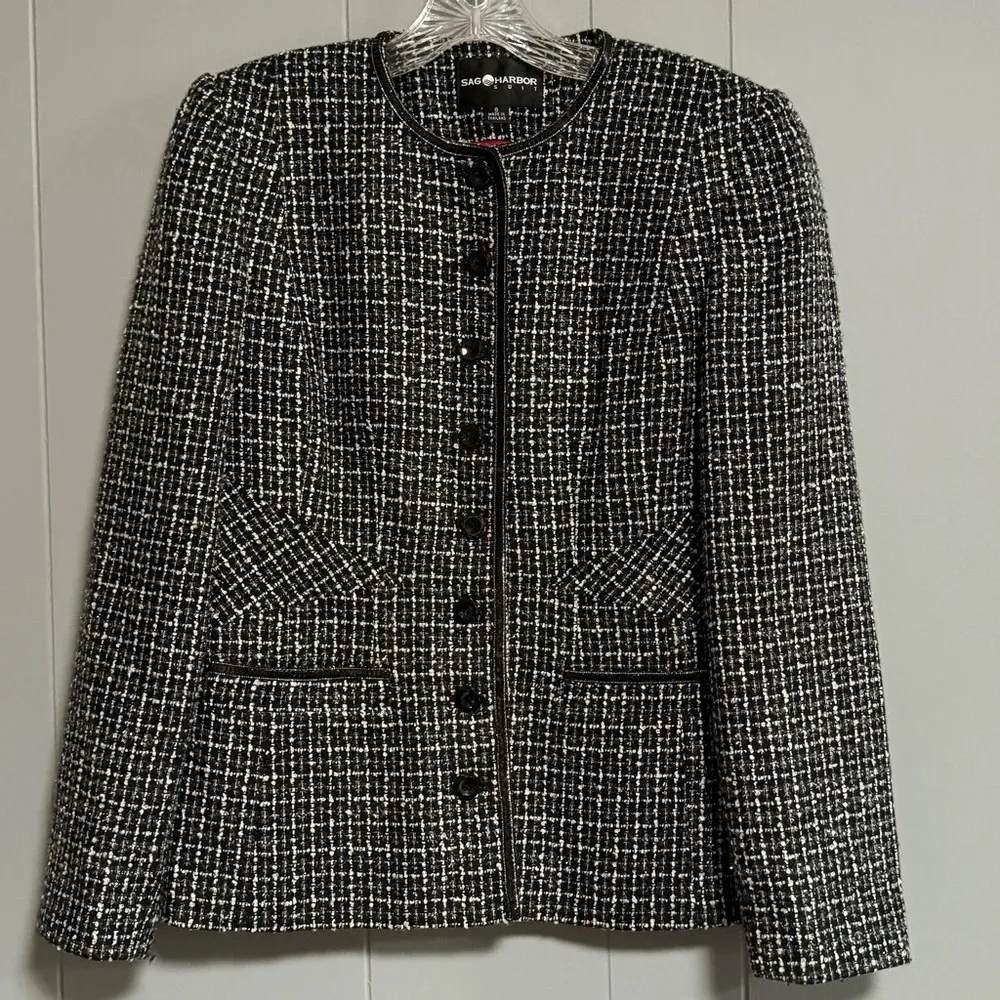 SAG HARBOR Black White Metallic Silver Woven Jacket / Blazer Sequin Trim Size 8 - Image 1