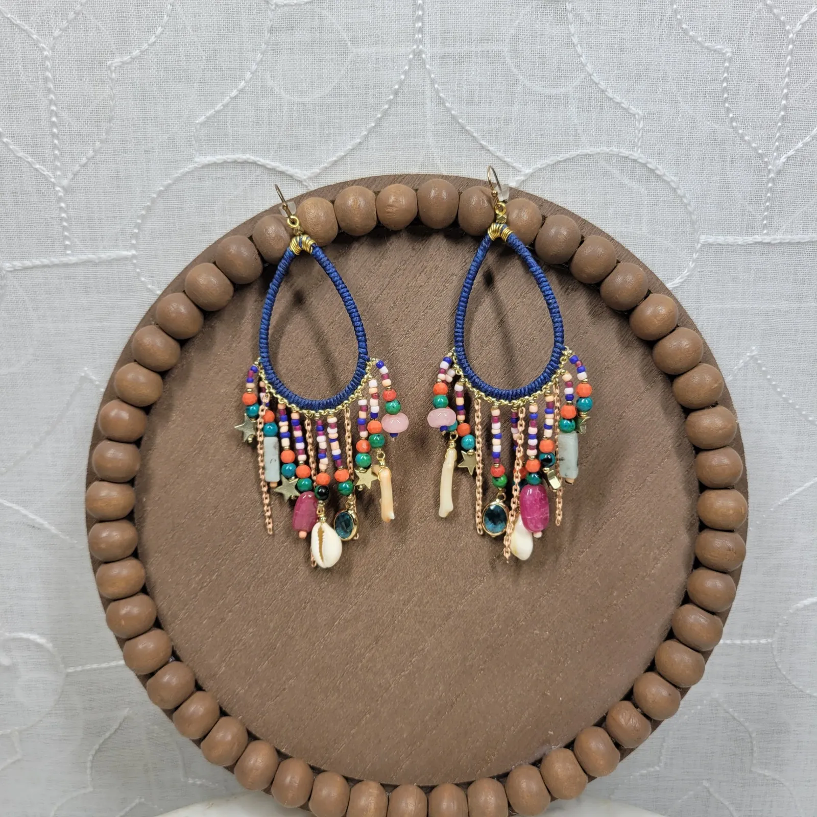 Boho Coral Shell Dangle Earrings Women Coastal Eclectic Beaded Multi Color Blue - Image 8