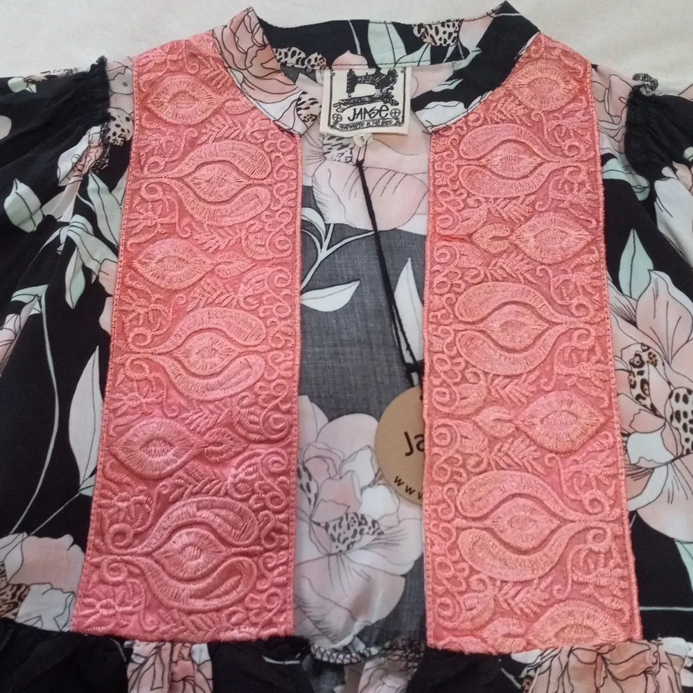 Jaase Pink and Black Floral Print Embroidered Open Front Kimono Top NWT - Image 11
